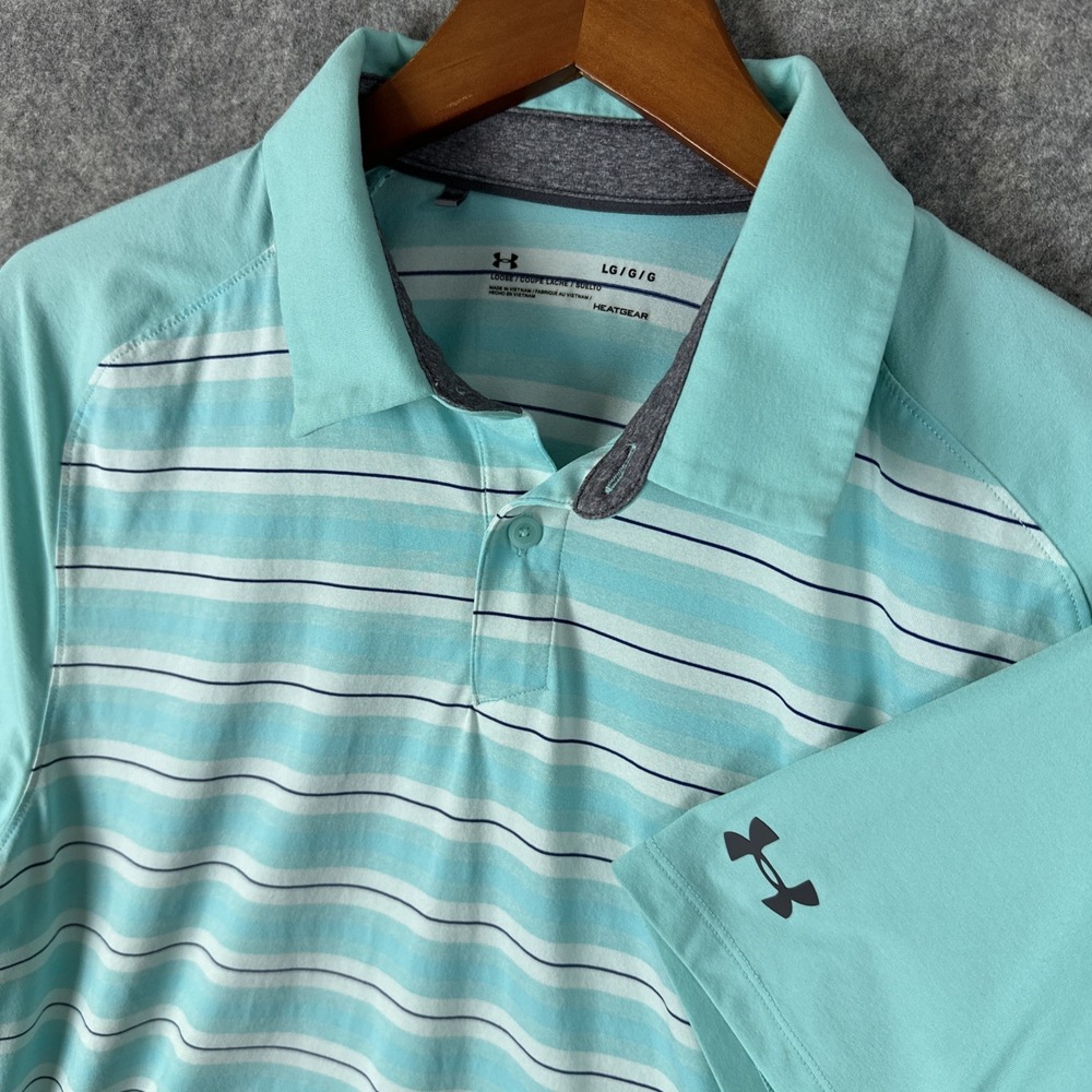 Under Armour Polo Shirt Mens L Turquoise HeatGear Pinstripe Golf UM0574 Athletic